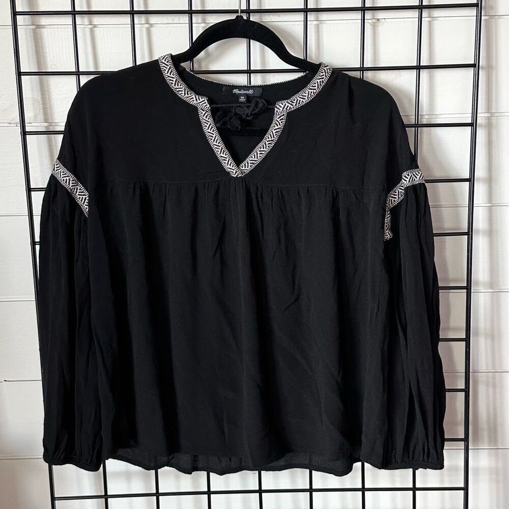 Madewell Embroidered Neck Poet Sleeves Curved Hem‎ Blouse Womens XS Black
